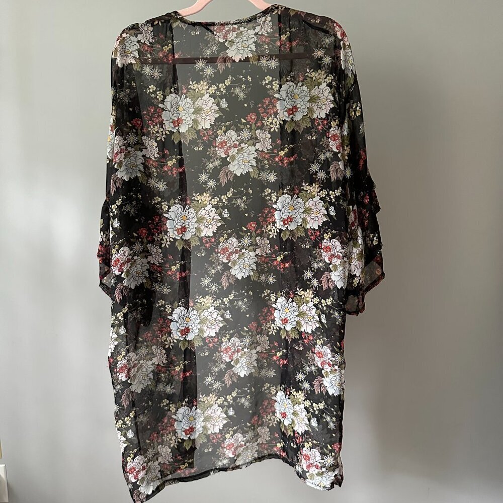 Boho Long Festival Kimono Floral Ruffle Sheer Artsy in One Size fairycore OS - Picture 6 of 6
